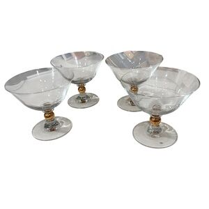 Vintage Lot of 4 MCM Glass Champagne Coupes with Gold Ball on Stem 5 inches wide